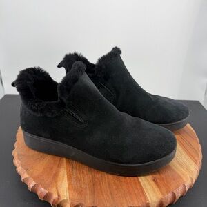 FitFlop Women's Rally Shearling-Lined Suede Slip-On Sneakers in black sz 7.5